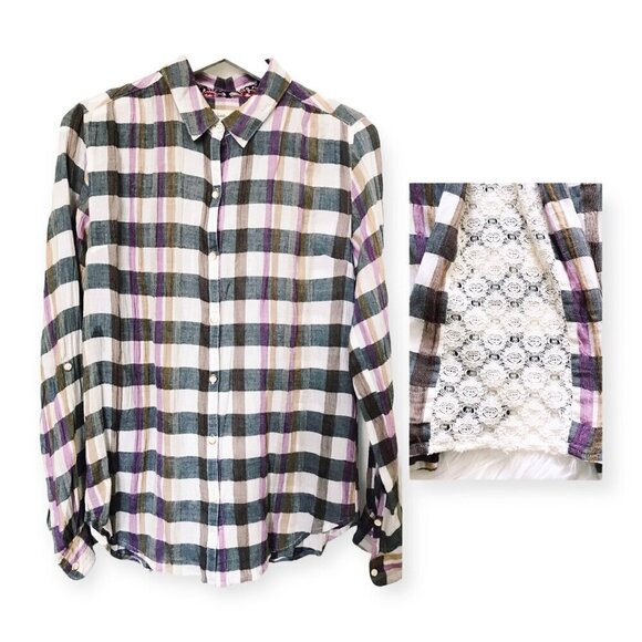 Anthropologie Isabella Sinclair plaid shirt with lace inserts. Size S - Picture 1 of 13